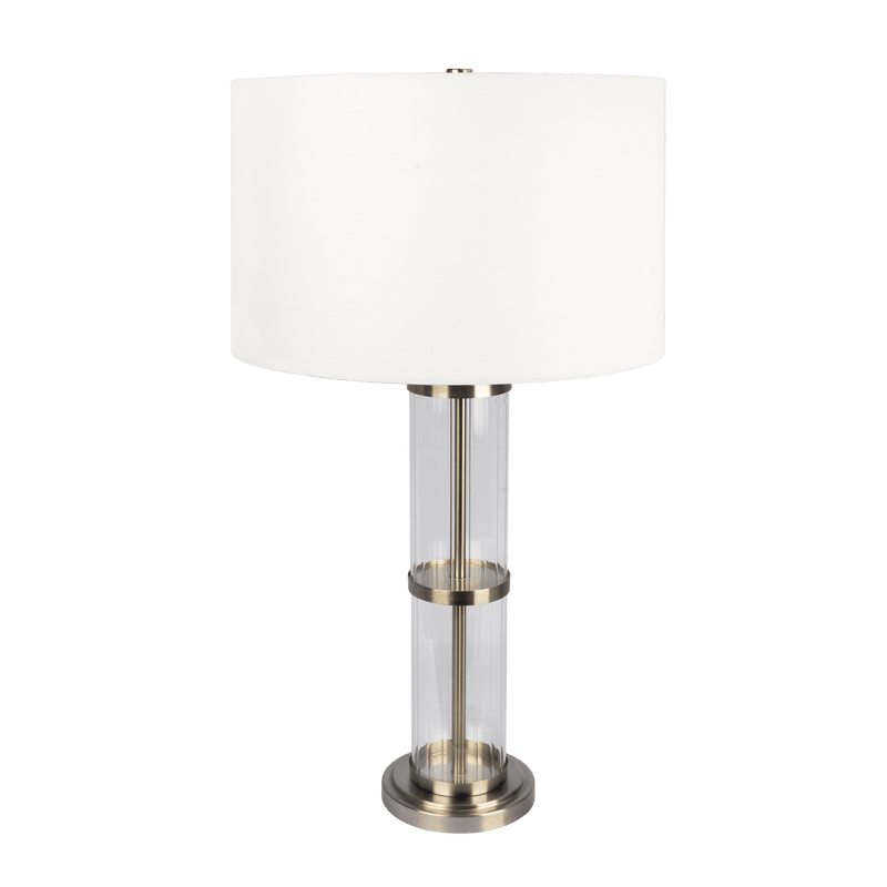 Lámpara de mesa Echo de níquel cepillado con interruptor de encendido y apagado, cuerpo de vidrio transparente y base de metal.