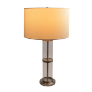 Lámpara de mesa Echo de níquel cepillado con interruptor de encendido y apagado, cuerpo de vidrio transparente y base de metal.