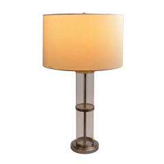 Lámpara de mesa Echo de níquel cepillado con interruptor de encendido y apagado, cuerpo de vidrio transparente y base de metal.