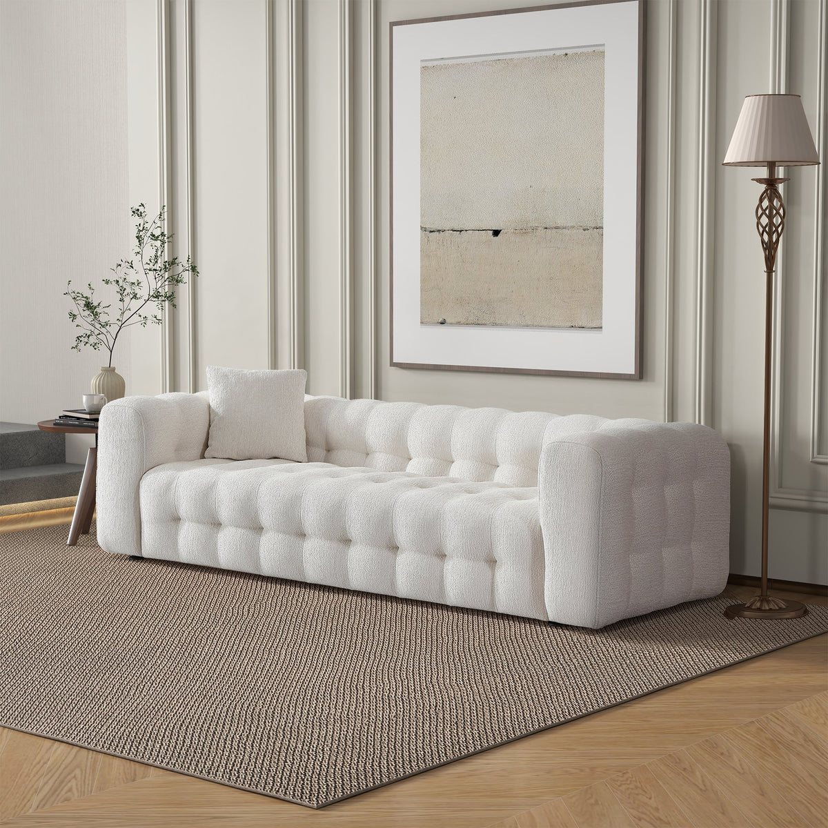 Sofá Chesterfield moderno Eden con borlas color crema