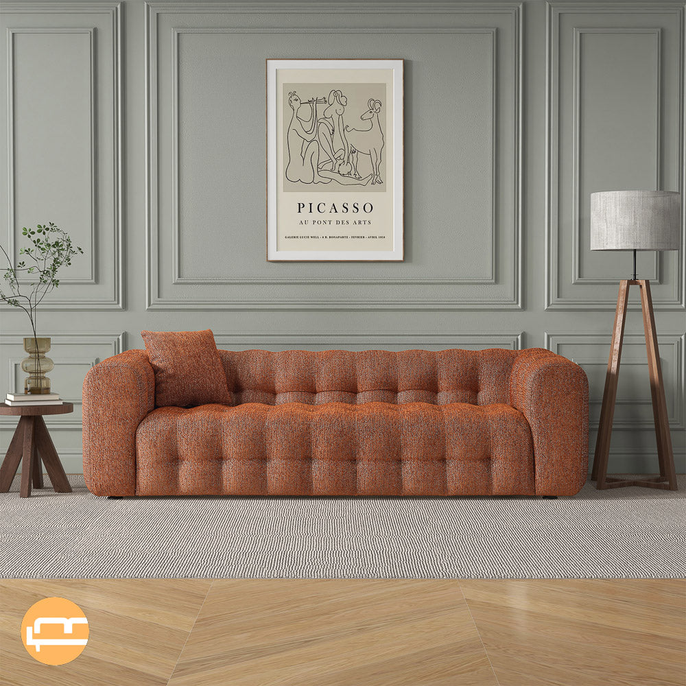 Sofá Chesterfield moderno Eden con borlas en color naranja