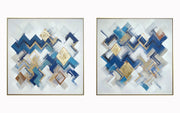 ''Blue & Gold Chevron Luxe Diptych'' Hand-painted Canvas in Frame (set)