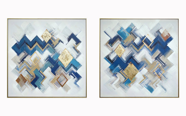 ''Blue & Gold Chevron Luxe Diptych'' Hand-painted Canvas in Frame (set)