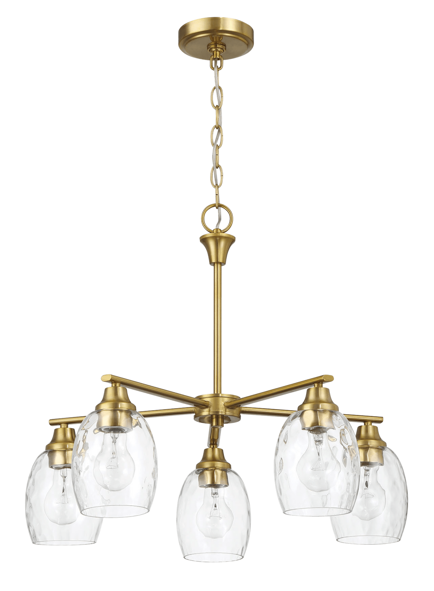 Lámpara de araña elegante de cinco luces con brazos lineales y cadena con acabado en latón dorado, 61 cm de ancho x 21,5 cm de alto, con cristal transparente.