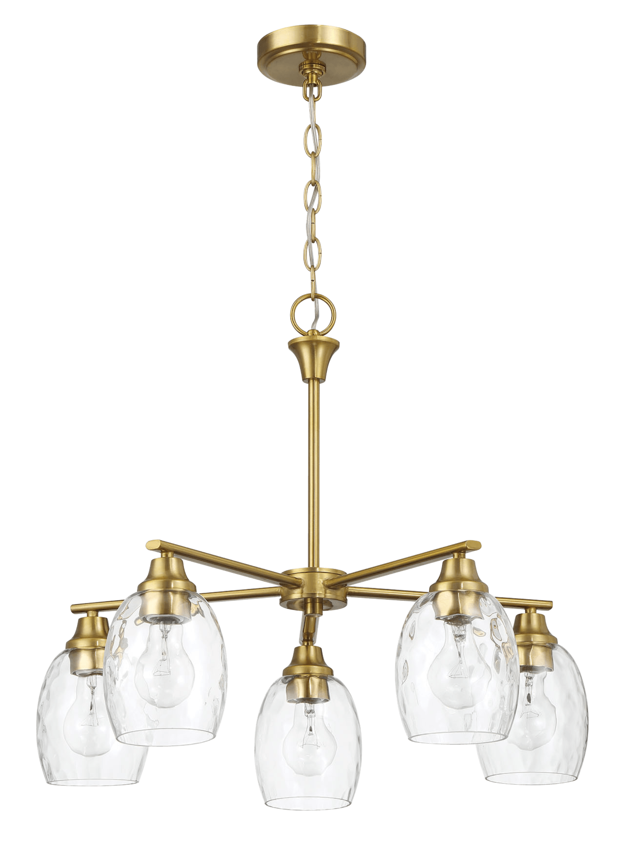 Lámpara de araña elegante de cinco luces con brazos lineales y cadena con acabado en latón dorado, 61 cm de ancho x 21,5 cm de alto, con cristal transparente.