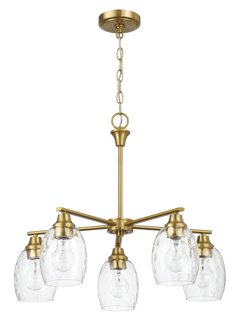 Lámpara de araña elegante de cinco luces con brazos lineales y cadena con acabado en latón dorado, 61 cm de ancho x 21,5 cm de alto, con cristal transparente.