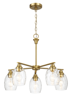 Lámpara de araña elegante de cinco luces con brazos lineales y cadena con acabado en latón dorado, 61 cm de ancho x 21,5 cm de alto, con cristal transparente.