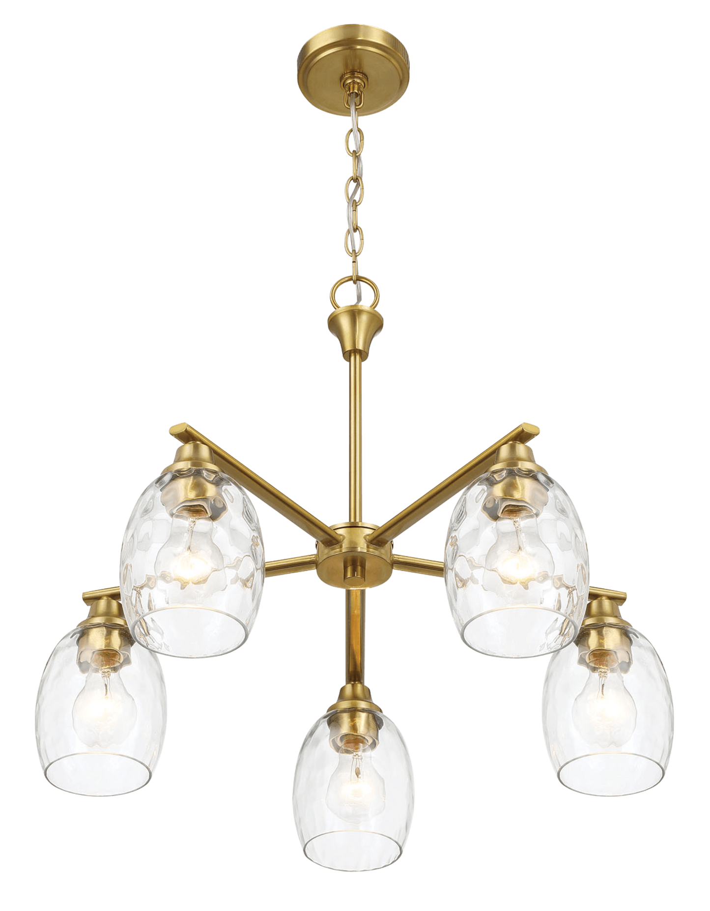 Lámpara de araña elegante de cinco luces con brazos lineales y cadena con acabado en latón dorado, 61 cm de ancho x 21,5 cm de alto, con cristal transparente.