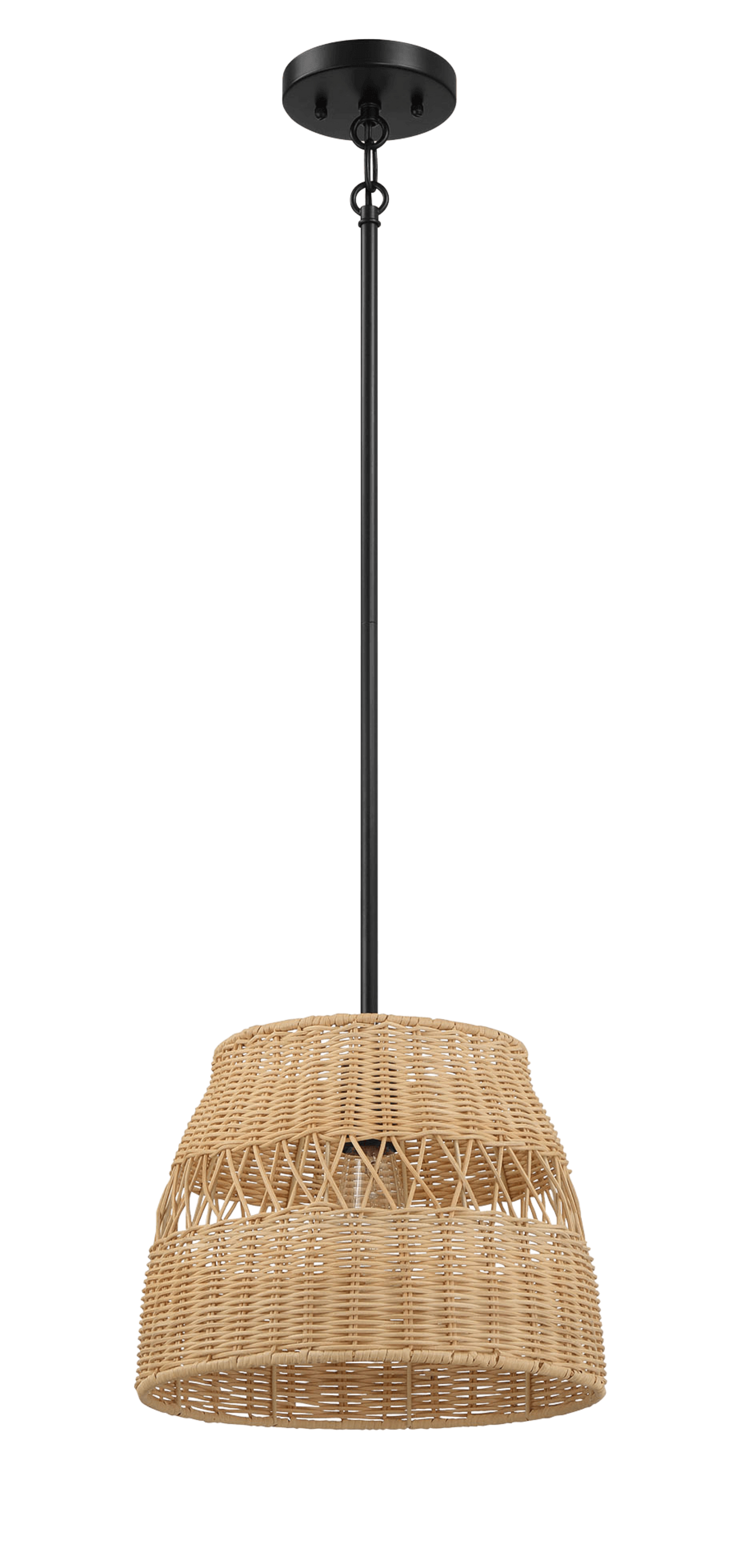 Lámpara colgante individual Essence con pantalla de ratán y acabado metálico negro para estilo rústico.