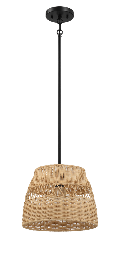 Lámpara colgante individual Essence con pantalla de ratán y acabado metálico negro para estilo rústico.