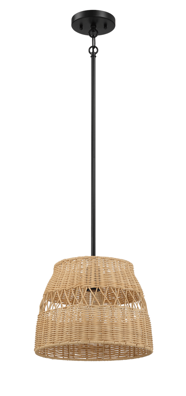 Lámpara colgante individual Essence con pantalla de ratán y acabado metálico negro para estilo rústico.