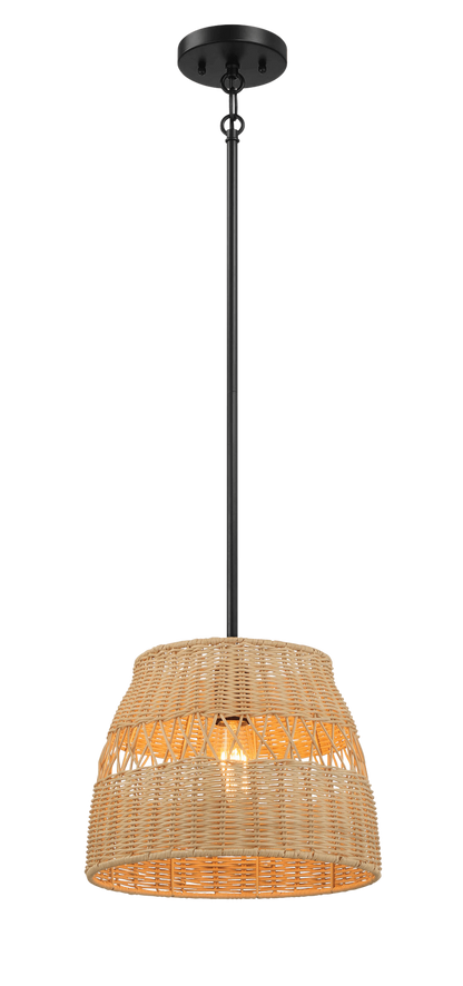 Lámpara colgante individual Essence con pantalla de ratán y acabado metálico negro para estilo rústico.