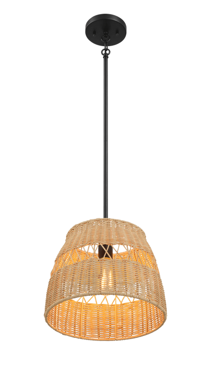 Lámpara colgante individual Essence con pantalla de ratán y acabado metálico negro para estilo rústico.