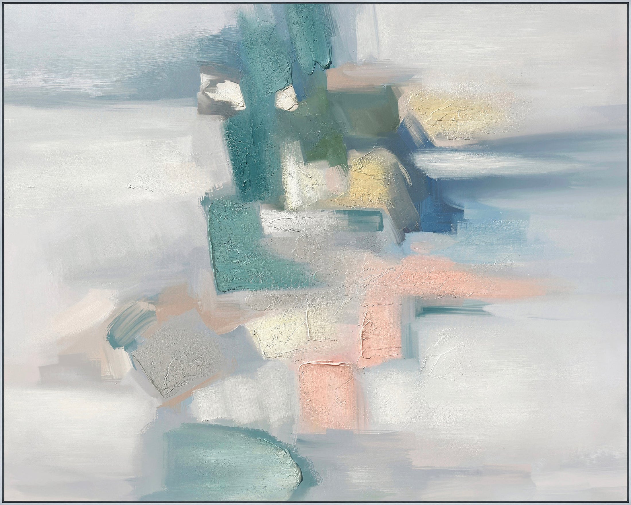 ''Pinks and Teals'' Hand-painted Canvas in Frame