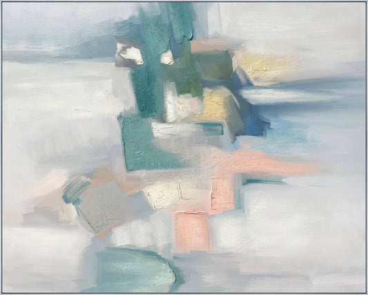 ''Pinks and Teals'' Hand-painted Canvas in Frame