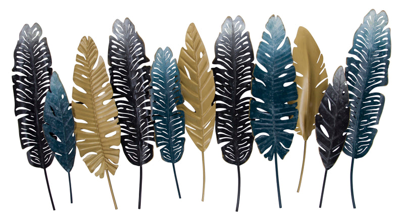 ''Blue and Gold Tropical Leaves'' Metal Wall Art