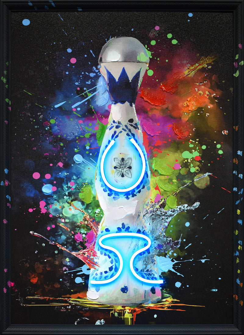 ''Radiant Neon Tequila Bottle Art'' Hand-painted LED in Frame