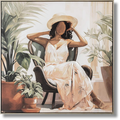 ''Serene Botanical Lounging'' Hand-painted Canvas in Frame