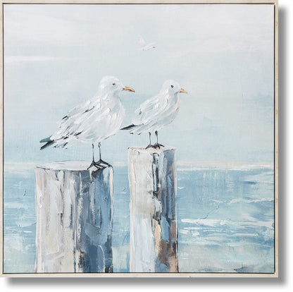 ''Shoreline Serenity: Seagulls on Weathered Poles'' Hand-painted Canvas in Frame