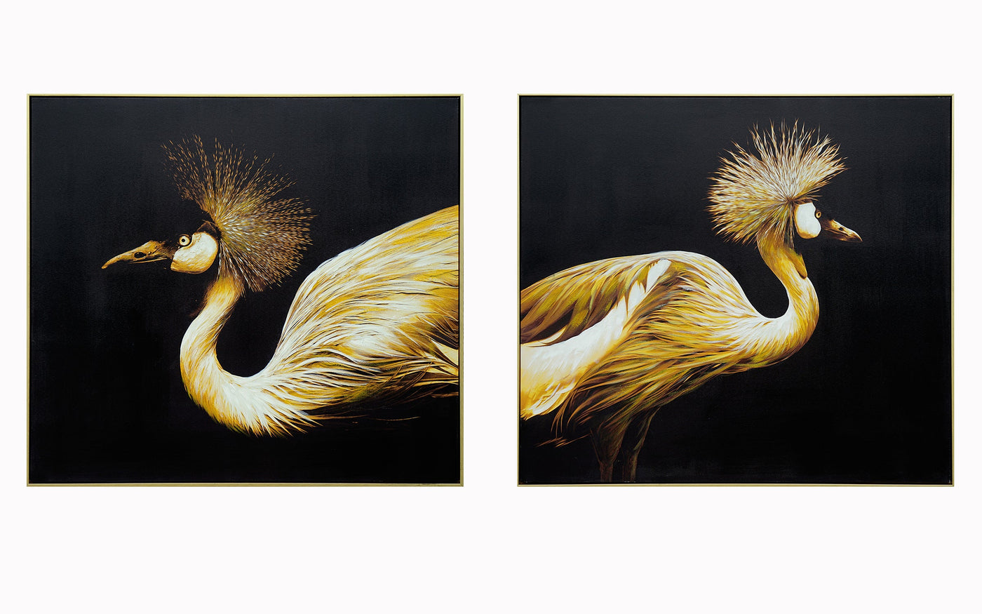 ''Golden Majesty Crane Pair'' Hand-painted Canvas in Frame (set)