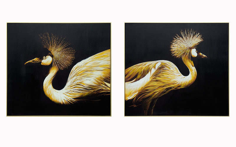 ''Golden Majesty Crane Pair'' Hand-painted Canvas in Frame (set)