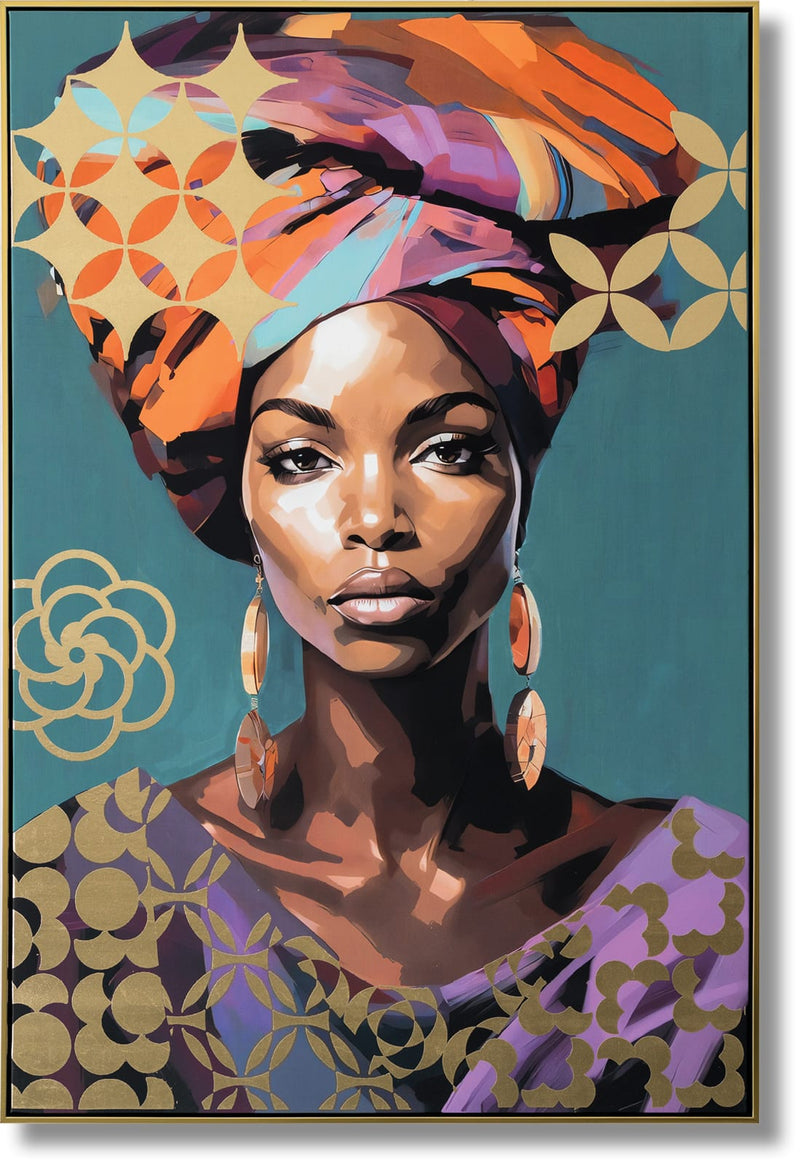 ''Radiant Elegance: Afrocentric Muse'' Hand-painted Canvas in Frame