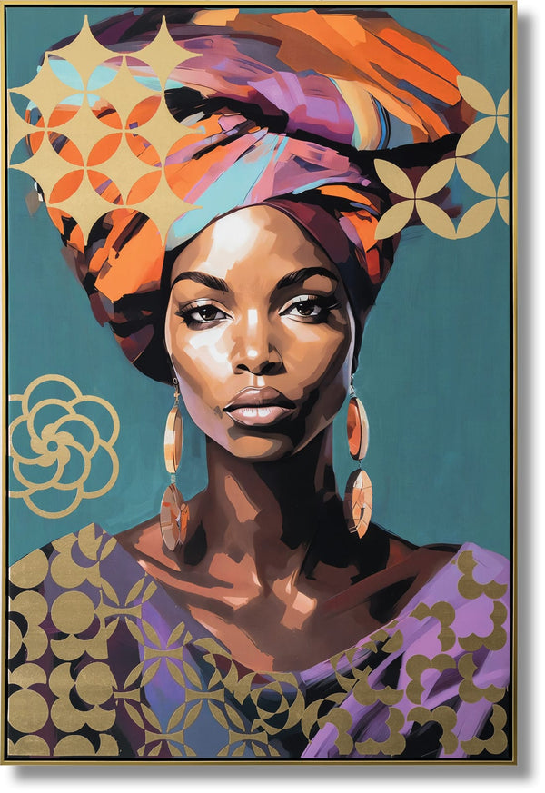 ''Radiant Elegance: Afrocentric Muse'' Hand-painted Canvas in Frame
