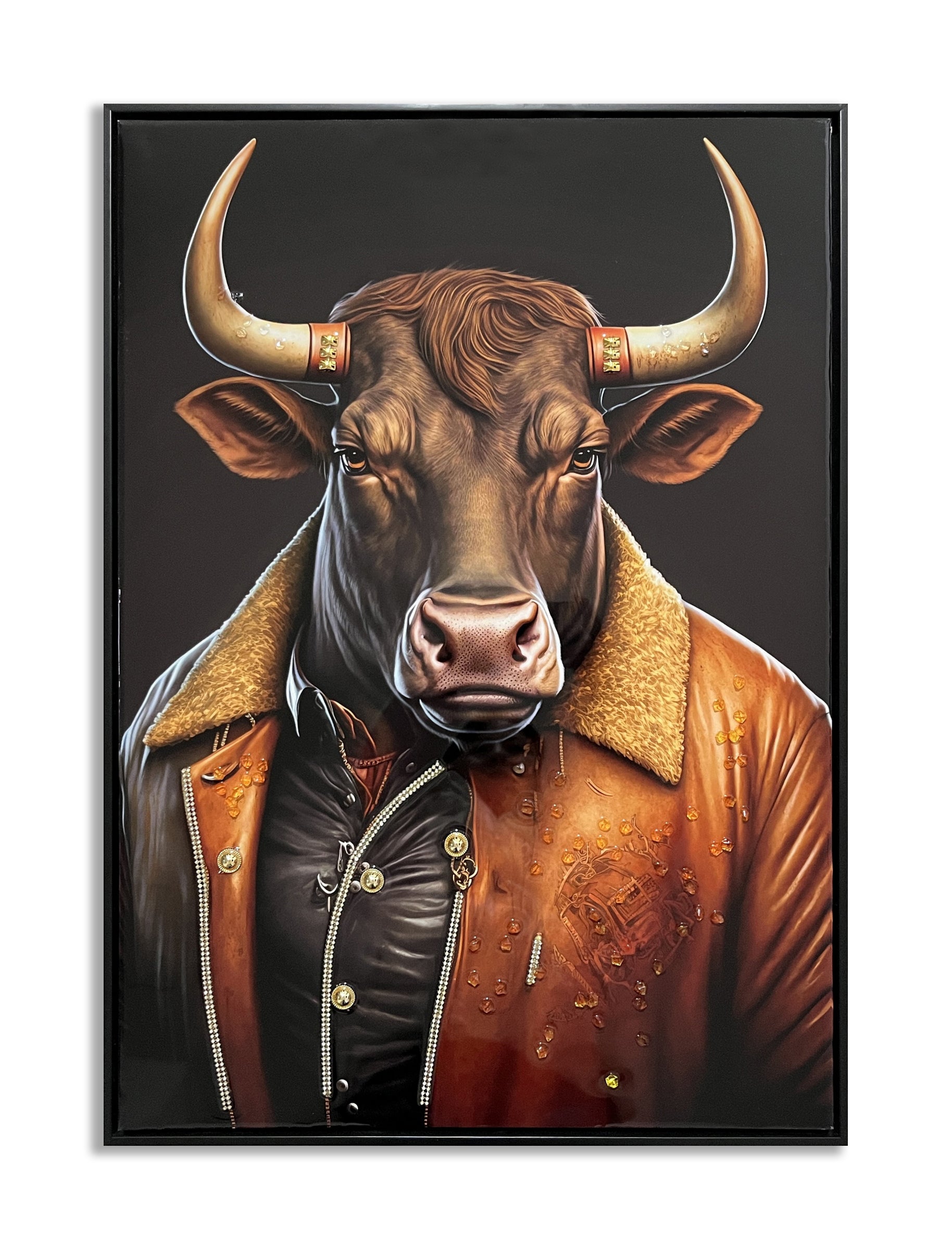 ''Stylish Bull Portrait on Leather'' Gloss Canvas w/ Studs in Frame