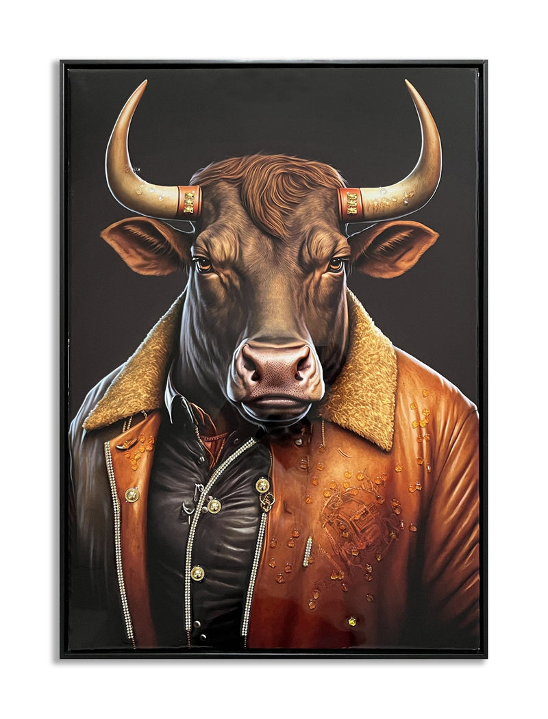 ''Stylish Bull Portrait on Leather'' Gloss Canvas w/ Studs in Frame
