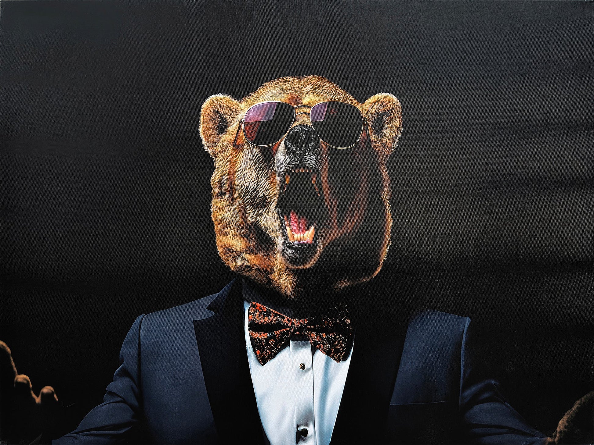 ''Suave Roaring Bear in Tux'' Hand-painted Wrapped Canvas
