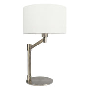 Lámpara de mesa Horizon de níquel cepillado con interruptor de encendido y apagado y base de metal curvado con pantalla de lino.