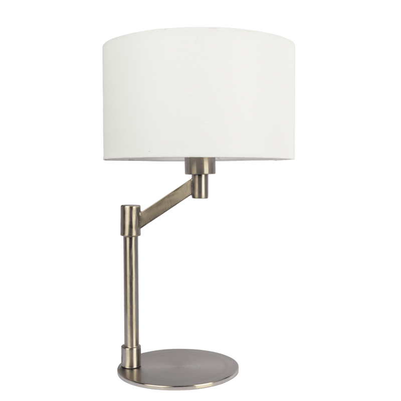 Lámpara de mesa Horizon de níquel cepillado con interruptor de encendido y apagado y base de metal curvado con pantalla de lino.