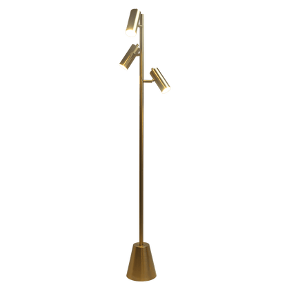 Lumina Brassed Gold Floor Lamp with Rotary Switch Triple Spots Metal Cone Base