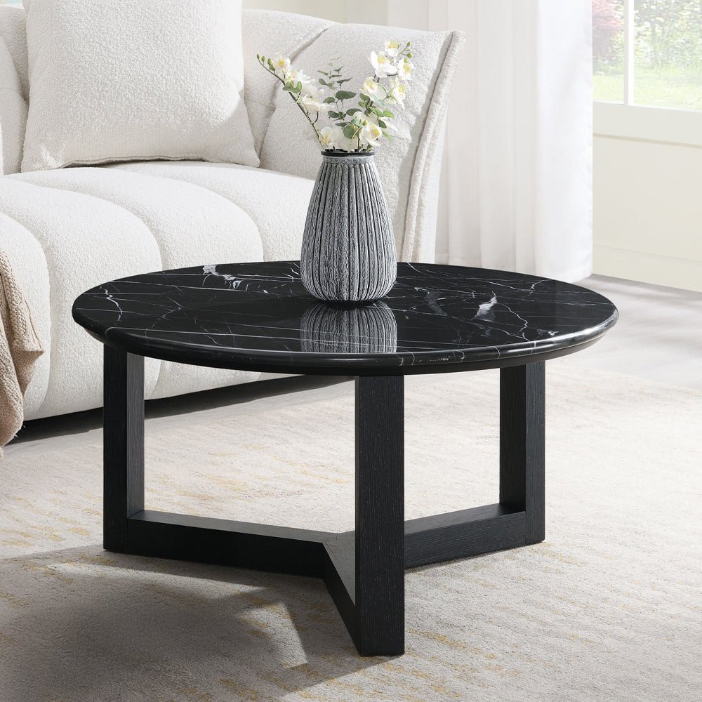 Dara Coffee Table - Natural Marble Top & Black (32"Dia x 16"H)
