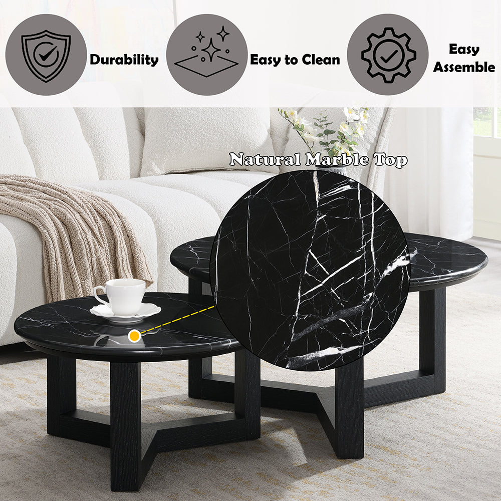 Dara Coffee Table - Natural Marble Top & Black (32"Dia x 16"H)