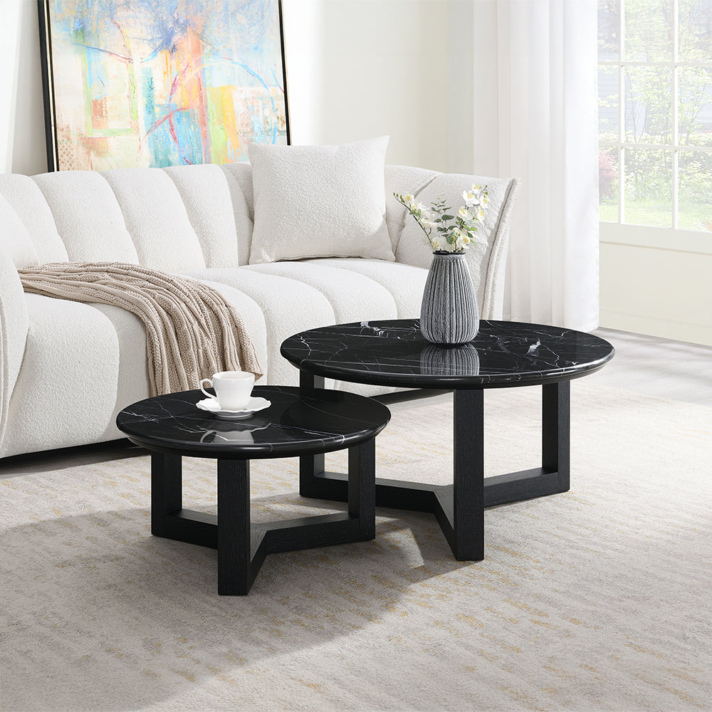 Dara Coffee Table - Natural Marble Top & Black (32"Dia x 16"H)