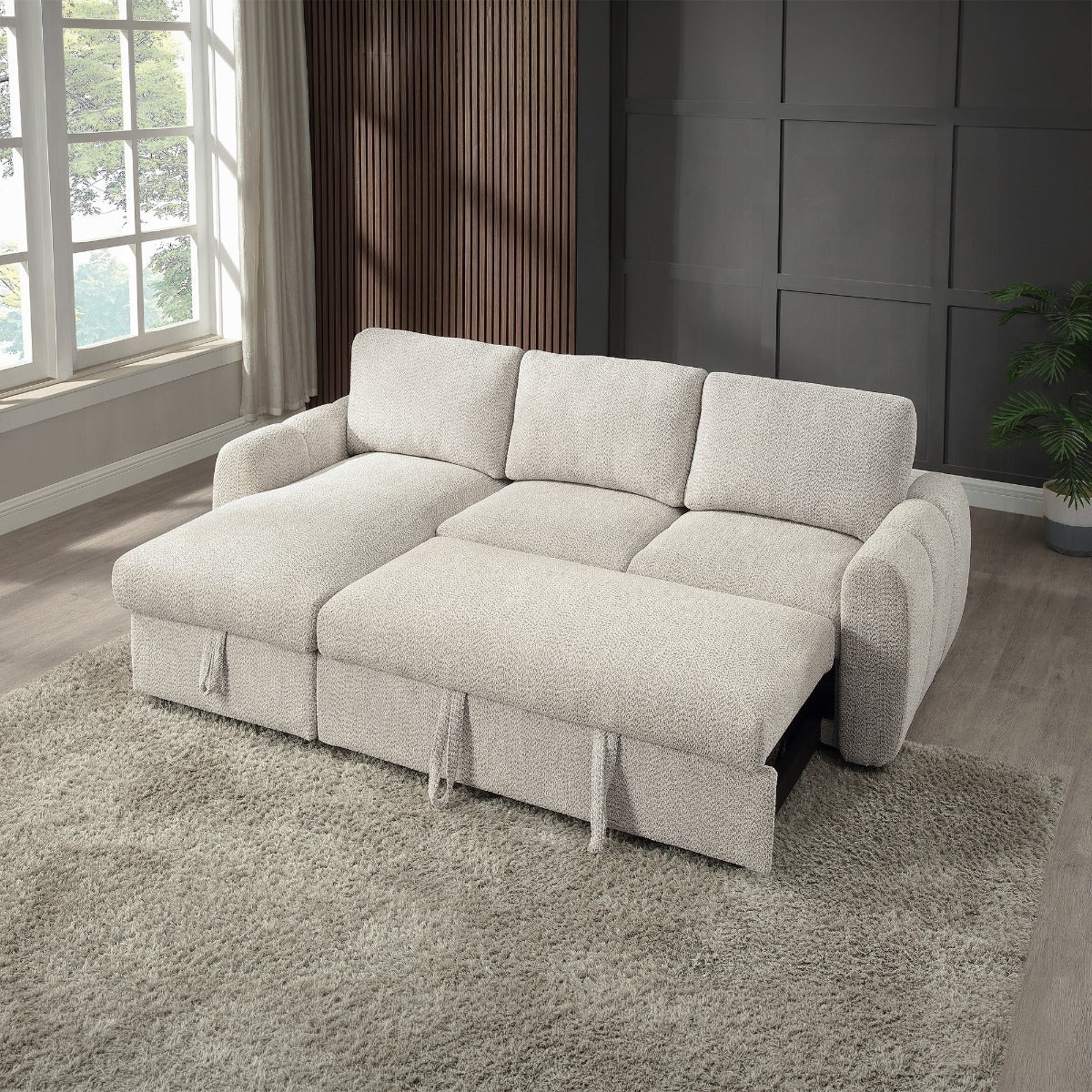 Nuriel Reversible Sectional Sofa w/Sleeper & Storage - Beige Boucle