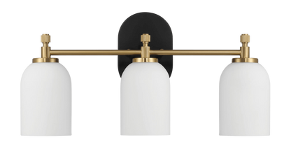 Aplique de pared Meadows de tres luces para baño, color dorado cepillado, para espejo de baño, 52 cm de ancho x 26 cm de alto x 14 cm de profundidad, con vidrio esmerilado blanco.