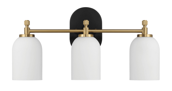 Aplique de pared Meadows de tres luces para baño, color dorado cepillado, para espejo de baño, 52 cm de ancho x 26 cm de alto x 14 cm de profundidad, con vidrio esmerilado blanco.