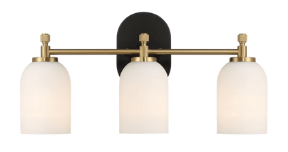 Aplique de pared Meadows de tres luces para baño, color dorado cepillado, para espejo de baño, 52 cm de ancho x 26 cm de alto x 14 cm de profundidad, con vidrio esmerilado blanco.