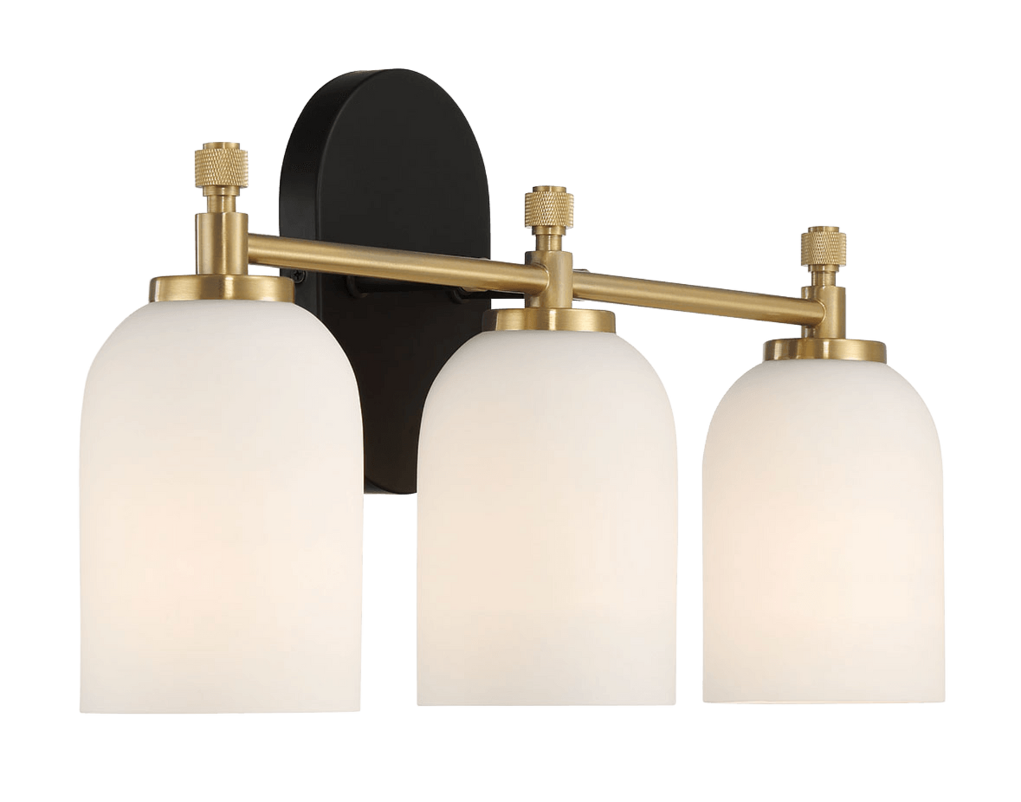 Aplique de pared Meadows de tres luces para baño, color dorado cepillado, para espejo de baño, 52 cm de ancho x 26 cm de alto x 14 cm de profundidad, con vidrio esmerilado blanco.