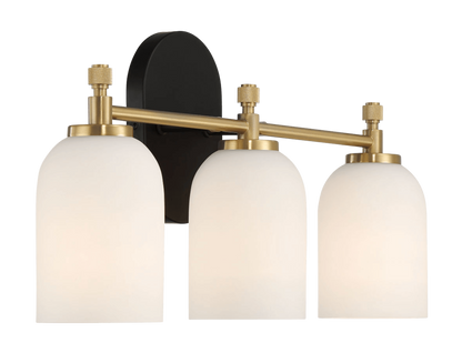 Aplique de pared Meadows de tres luces para baño, color dorado cepillado, para espejo de baño, 52 cm de ancho x 26 cm de alto x 14 cm de profundidad, con vidrio esmerilado blanco.