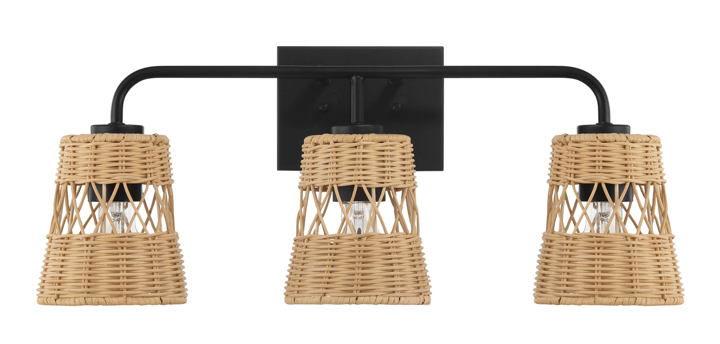 Moonlit Three Lights Wall Sconce With Rattan Shade, Bathroom Lighting Fixtures Over Mirror