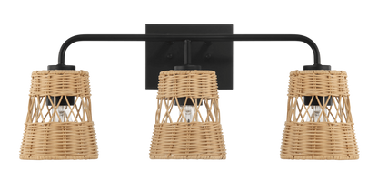 Moonlit Three Lights Wall Sconce With Rattan Shade, Bathroom Lighting Fixtures Over Mirror