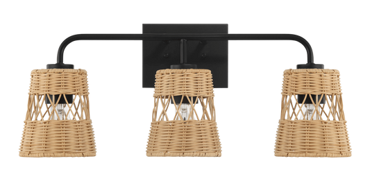 Moonlit Three Lights Wall Sconce With Rattan Shade, Bathroom Lighting Fixtures Over Mirror