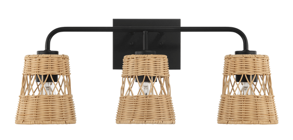 Moonlit Three Lights Wall Sconce With Rattan Shade, Bathroom Lighting Fixtures Over Mirror