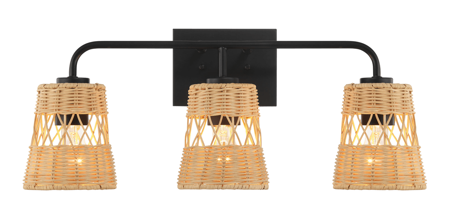 Moonlit Three Lights Wall Sconce With Rattan Shade, Bathroom Lighting Fixtures Over Mirror