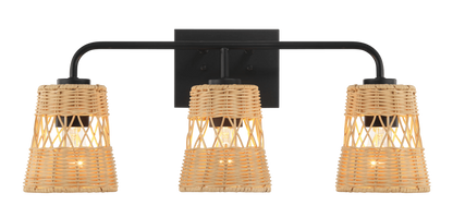 Moonlit Three Lights Wall Sconce With Rattan Shade, Bathroom Lighting Fixtures Over Mirror