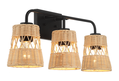 Moonlit Three Lights Wall Sconce With Rattan Shade, Bathroom Lighting Fixtures Over Mirror