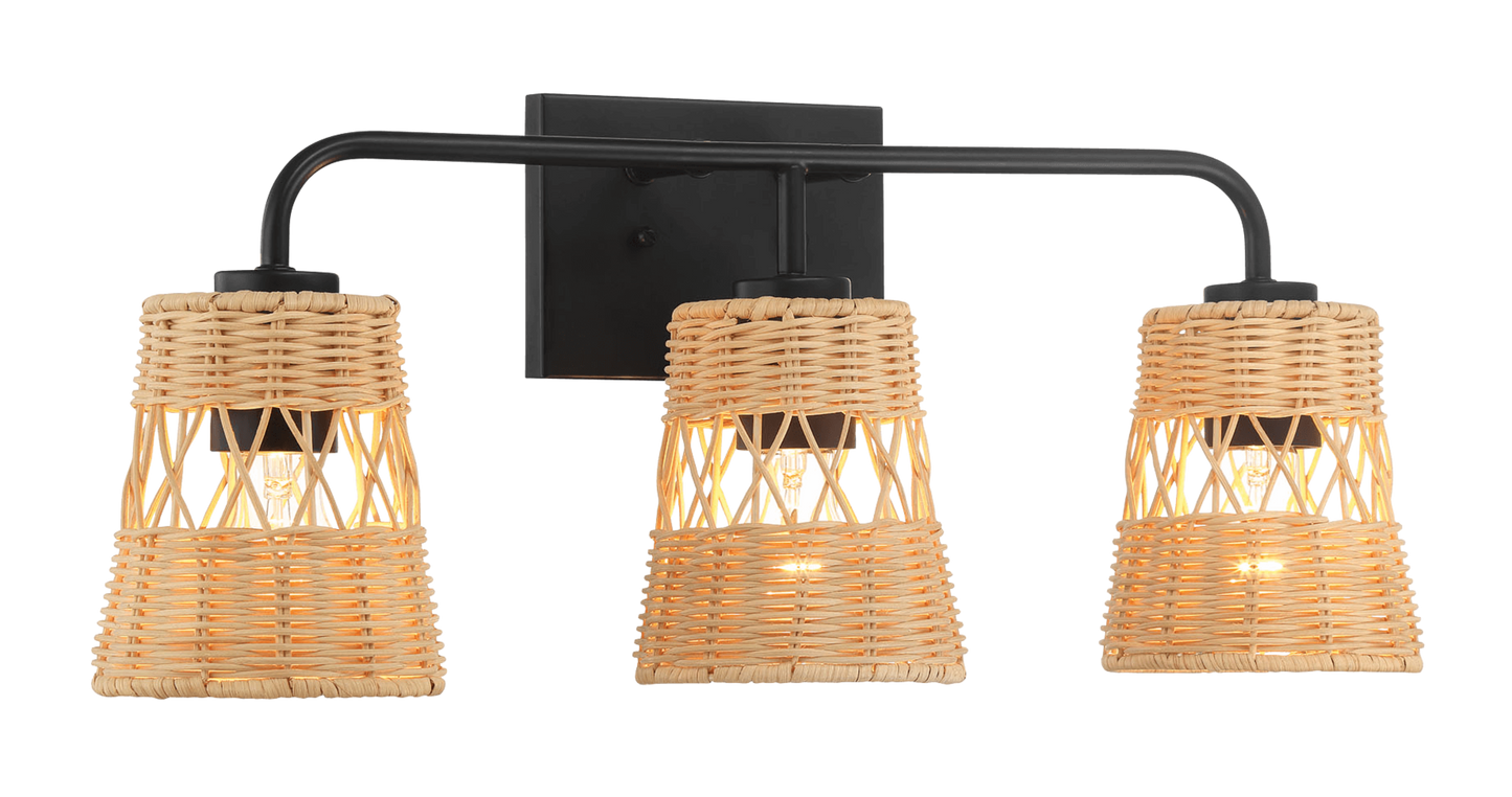 Moonlit Three Lights Wall Sconce With Rattan Shade, Bathroom Lighting Fixtures Over Mirror
